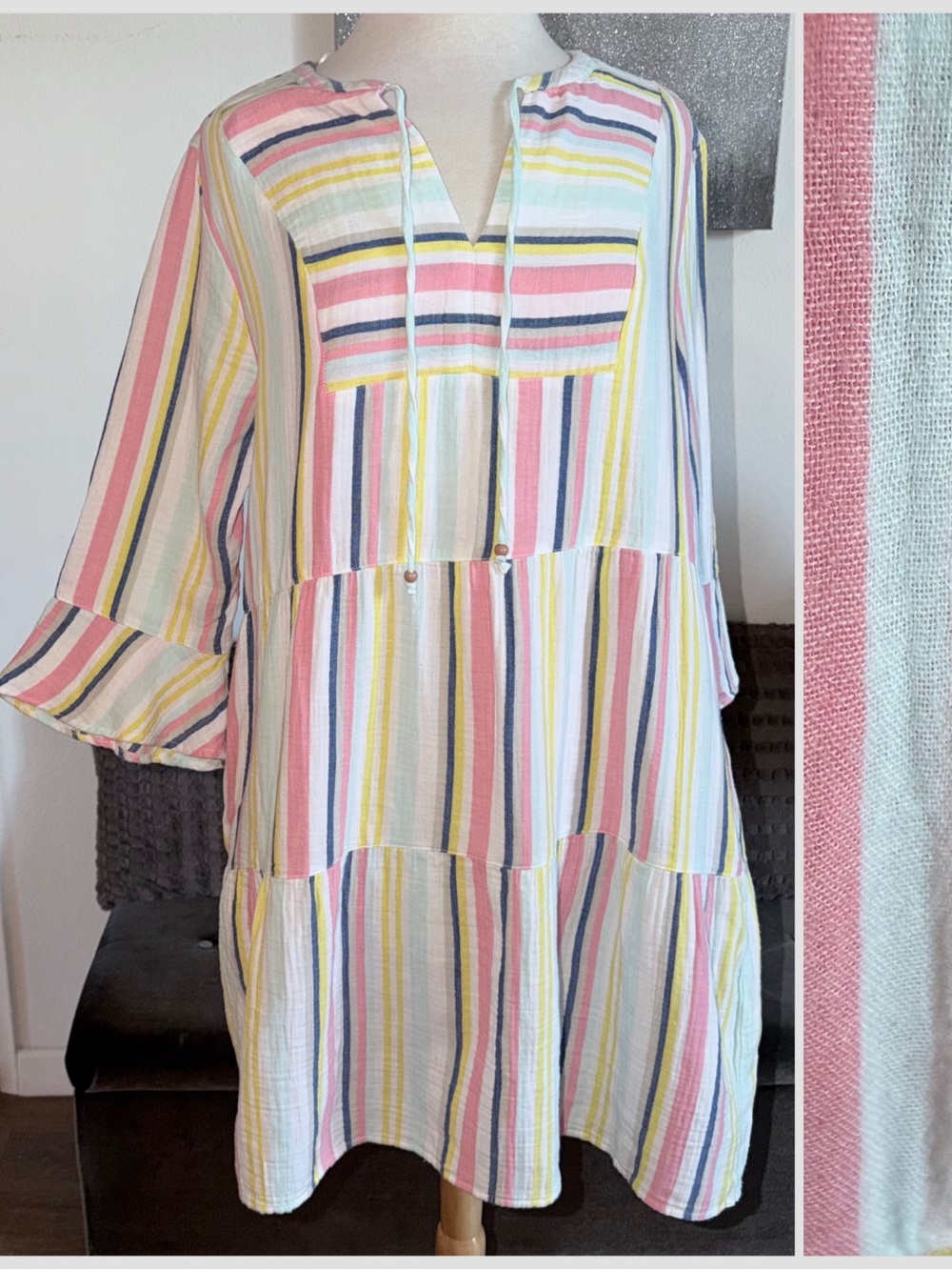 NEW Style & Co Stripe Cotton Tunic Dress Boho Pastel Split Neck Size L
